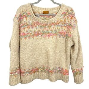 POL‎ Fuzzy Cream and Pastel Striped Oversized Sweater Boho Cozy Size Small